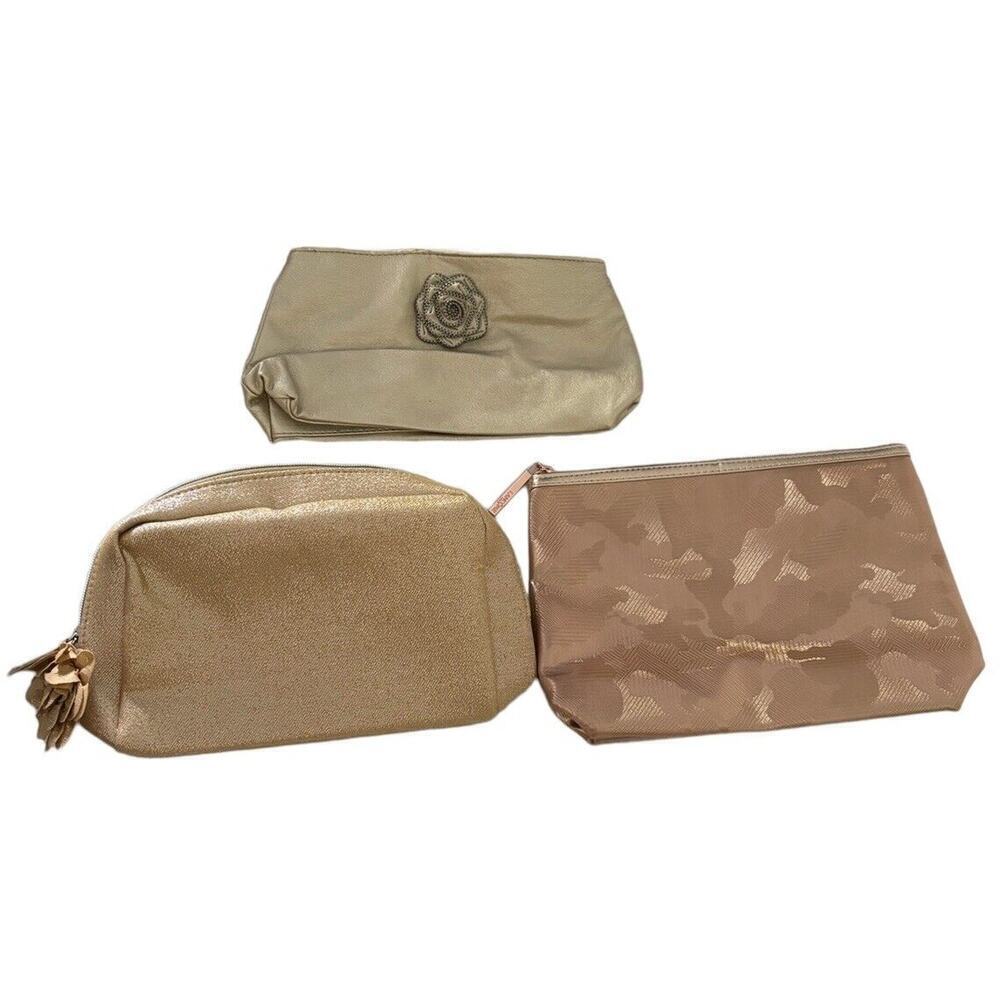 3 x LANCOME Signature Cosmetic Bag Fabric Rose GOLD Metallic Shine New